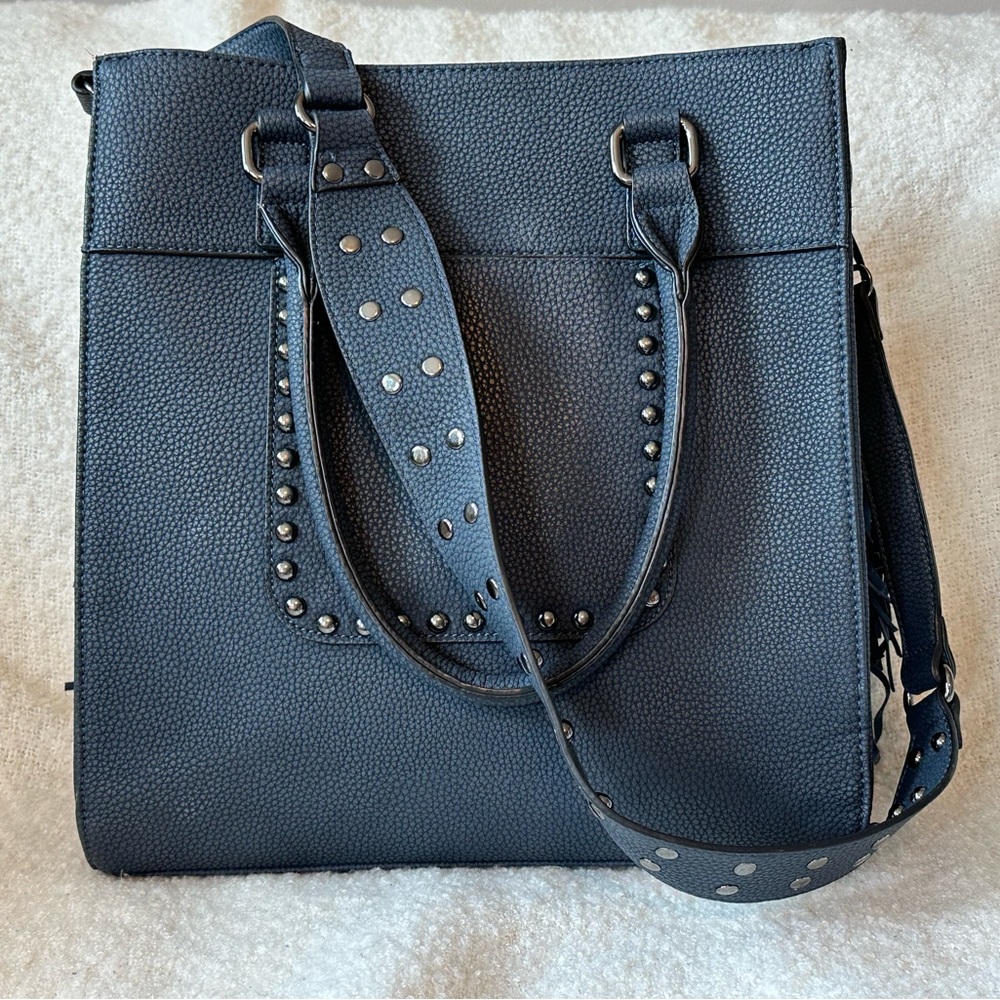 Wilson’s Leather Black Rivet Leather Tote Bag with Side Fringe in Navy